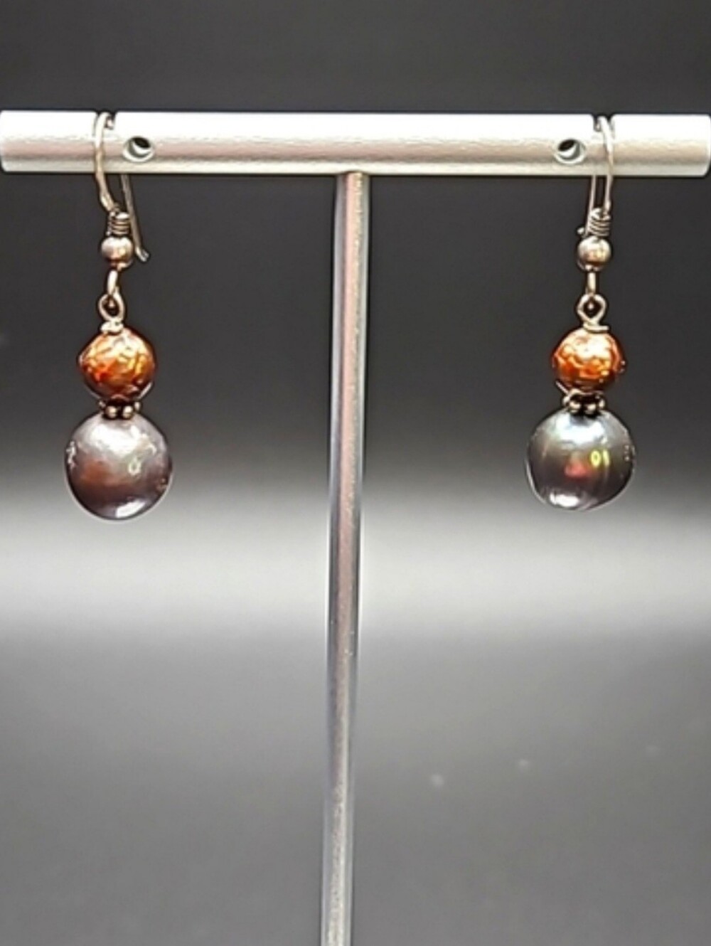 RELISTED Vintage 925 Sterling Silver Faceted Bronze Black Pearl Drop Earrings - Picture 5 of 6